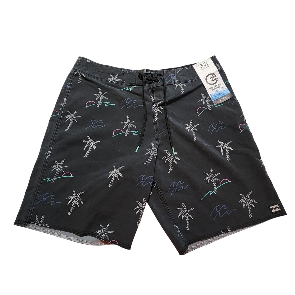 Billabong Pro Recycler Board Shorts 32 Black Palm Tree Wave Print‎ Surf